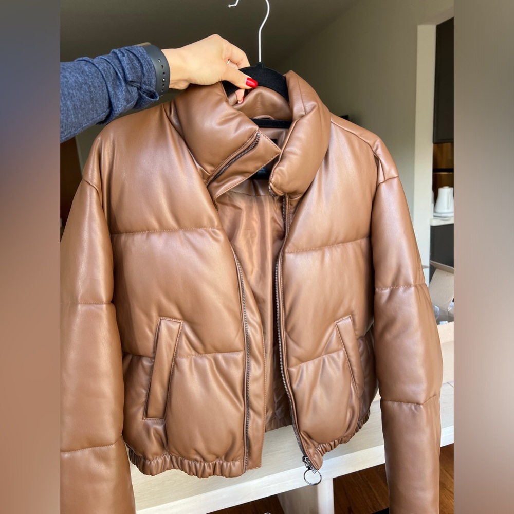 Brown Faux Leather Puffer Jacket